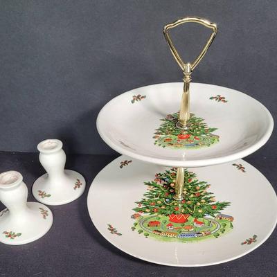 2-Tier Dessert Plate and Candlesticks in the Style of Pfaltzgraff Christmas Heritage