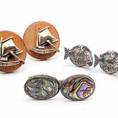 Cufflink Collection | 3 Pairs of Vintage Cufflinks | Wood | Hickok | Mexican Sterling