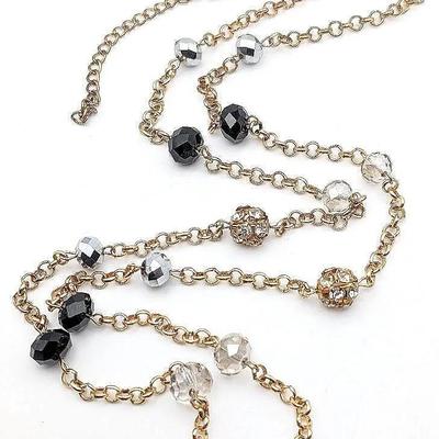 Gold Tone Station Necklace with Faceted Beads and Rhinestones
