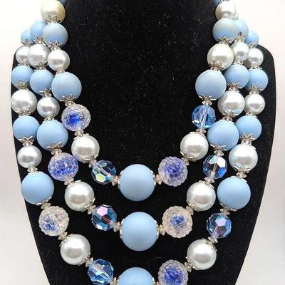 Vintage Vendome 3 Strand Blue Bauble Necklace
