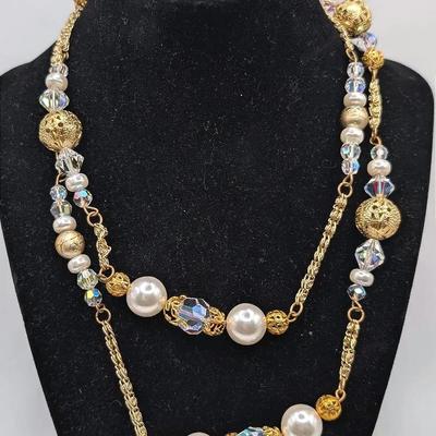 Gold Tone Long Necklace with Faux Pearl and Aurora Borealis Beads