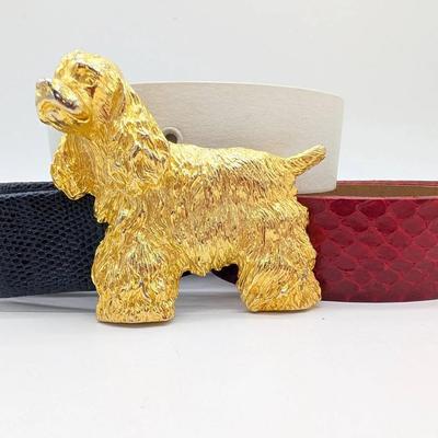 Gold Tone Accessories Cocker Spaniel Belt Buckle with Red White and Blue Belts 