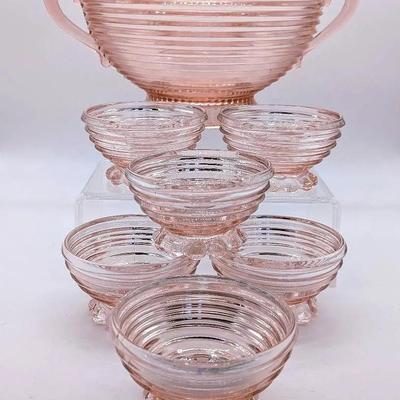 Anchor Hocking Pink Manhattan Depression Glass Serving Bowl and 6 Sherbert/Fruit Cups