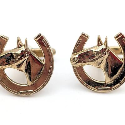 Cufflink Collection | One Pair of Gold Tone Horse in Horseshoe Good Luck Cufflinks