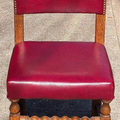 Mediterranean Revival Oak Chair From Historic Venue with Turnings and Fuax Red Leather 
