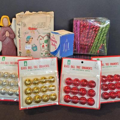 VIntage Holiday Decor Lot | 4 Packs of Mini Ball Ornaments | Glass Bell | Sewing Pattern | Angel 
