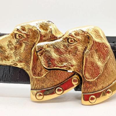 Vintage Paquette Gold Tone Labrador Retreiver Dog Belt Buckle and Tan Leather Belt