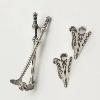Sterling Jewelry | Golf Clubs Pin/Brooch | Screwback Arrowhead Engraved Earrings 