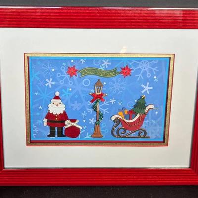 Handmade Framed Christmas Paper Art "Waiting for Midnight" Santa Claus by Carole Raymond