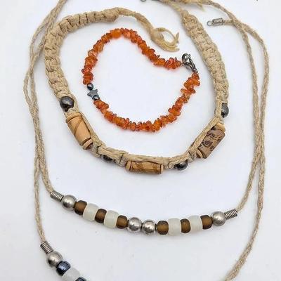 3 Vintage Braded Necklaces with Beads | Orange Chip Bracelet