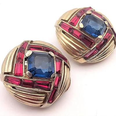 Faux Ruby and Sapphire Gold Tone Clip On Earrings
