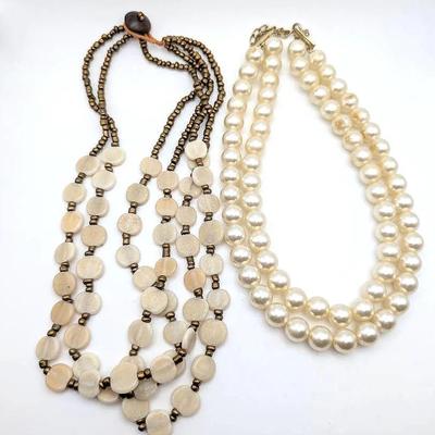 2 Necklaces | Double Strand Faux Pearls | Shell & Brass Tone Beads with Button Closure