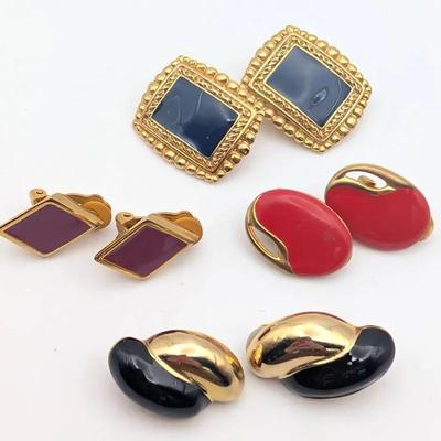 4 Pair Gold Tone and Enamel Clip On Earrings