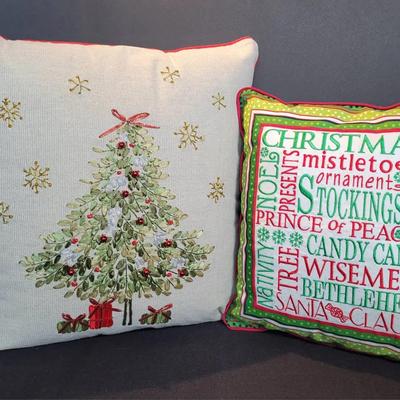 2 Festive Christmas Pillows | Ribbon Christmas Tree | Embroidered Holiday Words