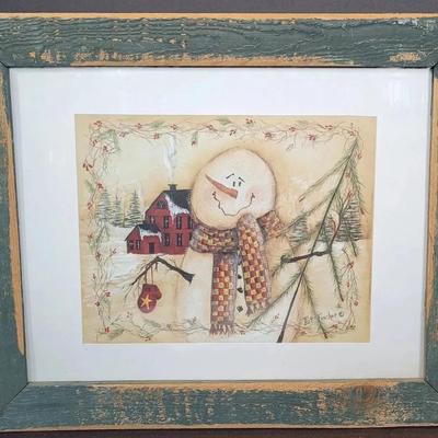 Pat Fischer Snoman Print in Rustic Green Frame