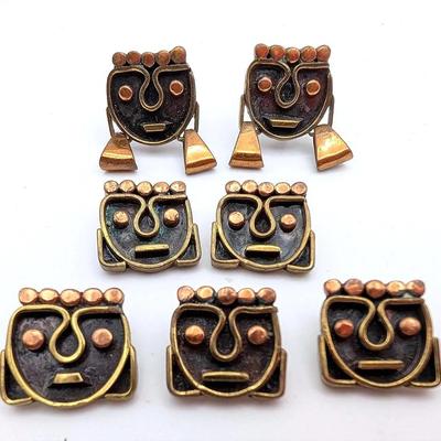 Mid Century Mexican Copper Jewelry Earrings and 5 Matching Beads