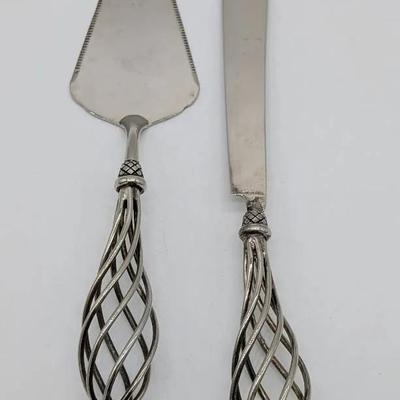 Godinger Silver Plate Twisted Cake Knife and Pie Server with Acorn Detail