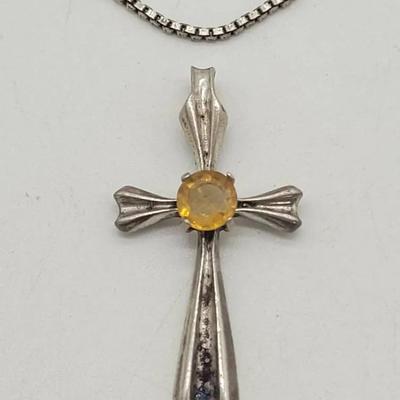 Sterling Box Chain Necklace with Silver Cross Pendant