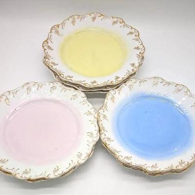 Pastel Dessert Plates with Gold Trim Set of 7
