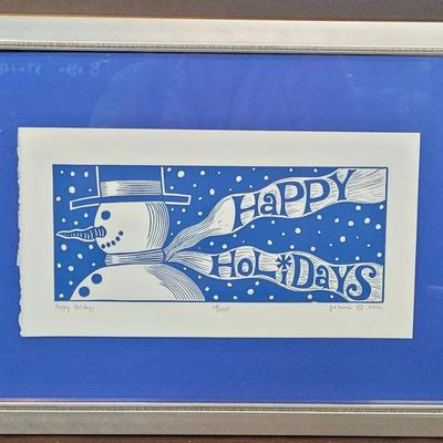 Signed and Numbered "Happy Holidays" Blue and White Snowman Print