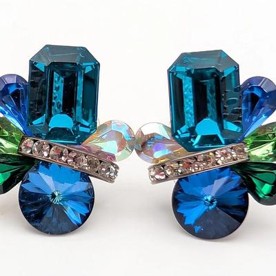 Vintage Blue Green and Teal Rhinestone Clip On Earrings