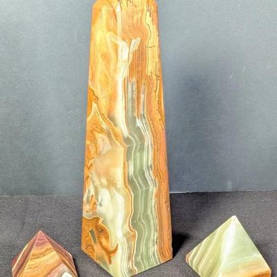Green Banded Calcite (Green Onyx) Obelisk and Two Pyramids from Pakistan