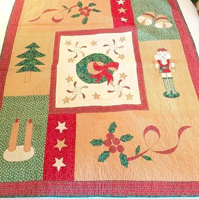 Christmas Theme Throw Size Quilt | Wreath | Nutcracker | Candles | Tree | Holly