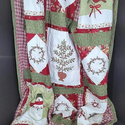 Winter Theme Throw Size Quilt with Snowman, Snowflakes, Holly Wreath, Tree