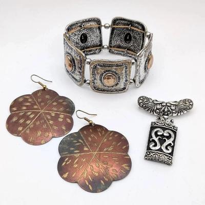 Metal Jewelry Lot | Link Bracelet | Flower Earrings | Silver Slide Pendant