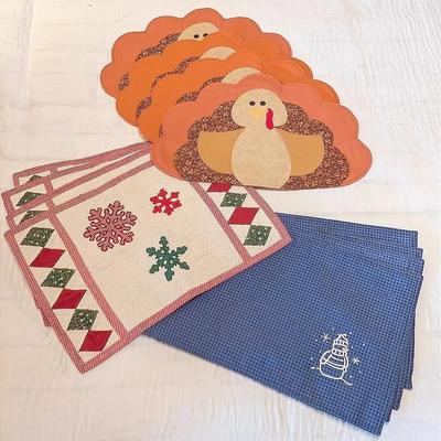 3 Sets of Four Holiday Placemats | Thanksgiving Turkey | Christmas Snowflake | Blue Snowman