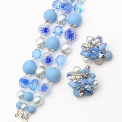 Vendome Blue Beaded Bracelet and Screwback Earrings Set