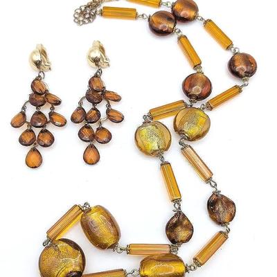 Amber Tone Necklace and Earrings | Glass Beaded Necklace |Faceted Chandelier Earrings