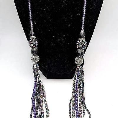 Iridescent and Purple Seed Beads with Faceted Glass & Rhinestones Multistrand Necklace