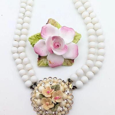 Vintage White Glass Bead Choker Nekclace with Ornate Clasp | Porcelain Flower Brooch