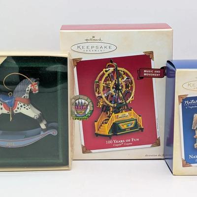 Three Hallmark Keepsake Christmas Ornaments | Rocking Horse | Crayola Ferris Wheel | Birdhouse