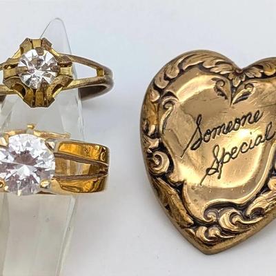 3 Piece Jewelry Lot | Adjustable Rhinestone Ring | 18KGE Solitaire Ring | Heart Pinback Pin
