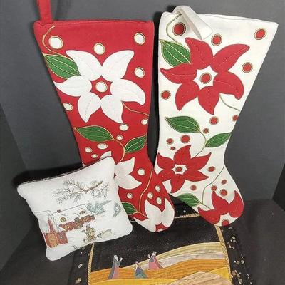 2 Christmas Stockings | Quilted We Three Kings Hanging | Cross Stitch Shepherd Pillow