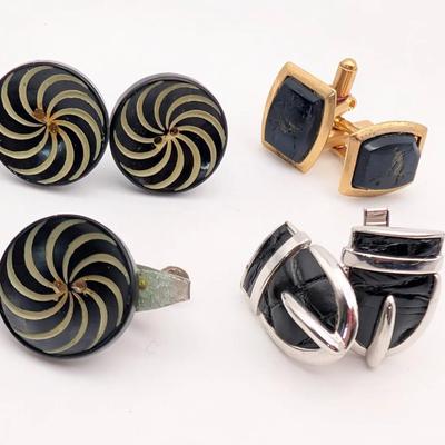 Cufflink Collection | 3 Pairs of Vintage Cufflinks | Swank Black Leather | Bowling | Tie Tack Set