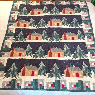 Handquilted Winter Log Cabin Throw Size Quilt