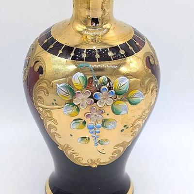 VIntage Amethyst Glass and Gilt Bohemian Vase with Enamel Flowers 