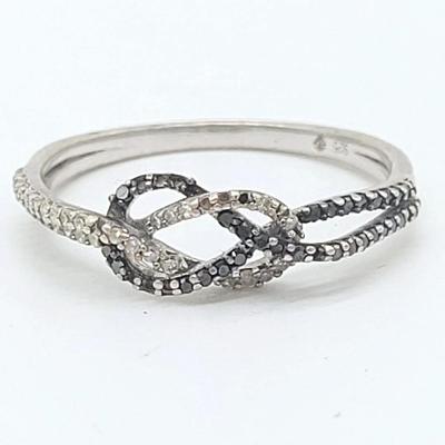 Sterling Silver Infinity Knot Ring with White and Black Diamonds