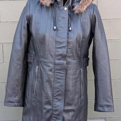NWT Hooded Faux Fur Trim Black Leather Jacket 