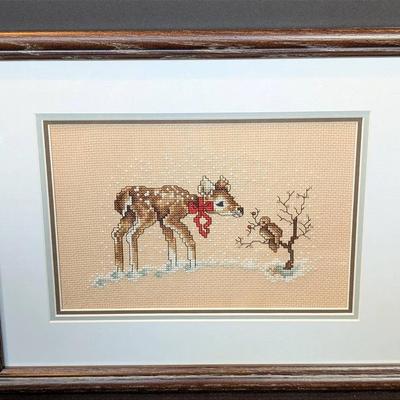 Cross Stitch Deer and Bird Framed Winter Scene