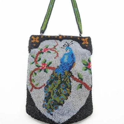 Antique Art Deco Beaded Peacock Handbag