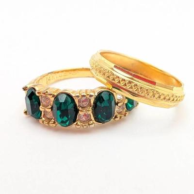 Two Rings | Gold Tone Band | 14KGE Faux Emerald Band