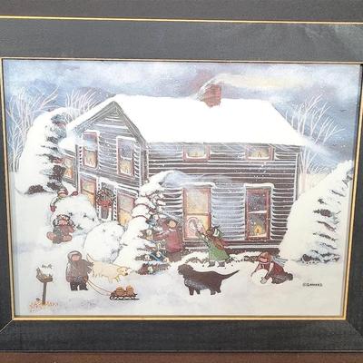Sandra Somers SIgned Print "Little Old House Sheltering Winter Fun" Professionally Framed