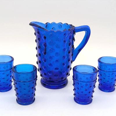 Cobalt Blue Mini Hobnail Pticher with 4 Glasses