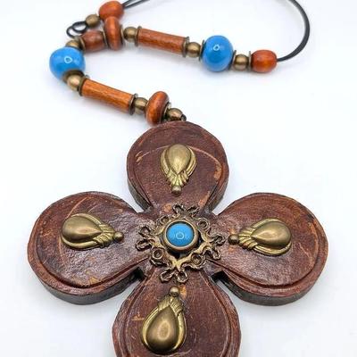 Handmade Leather and Beaded Cross or Quatrefoil signed Tanagraia