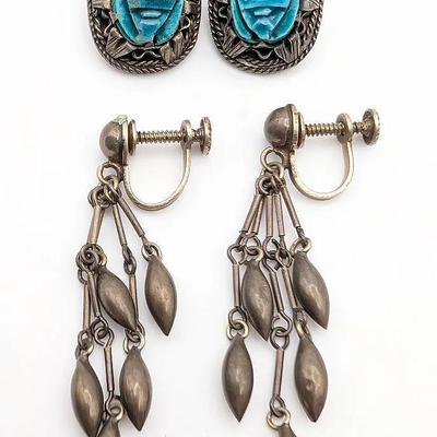 2 Pair Vintage Earrings | Made in Japan Scarab | Alpace 925 Mexican Silver Dangle Earrings