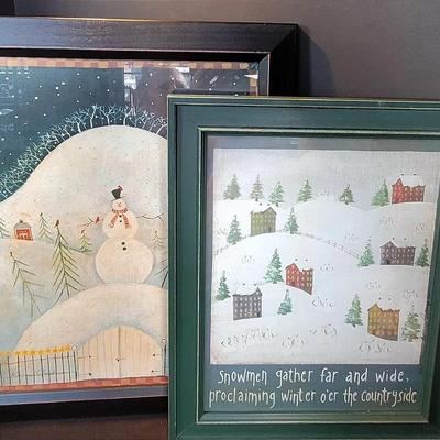 2 Snowmen Pictures | Snowman Gathering Signed by Debbie Piotrowski | Snowman on Hill by Karen Cruden